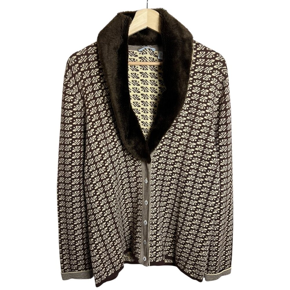 Vintage‎ Nordstrom Faux Fur Collar Cardigan Brown XL Old Money Mobwife